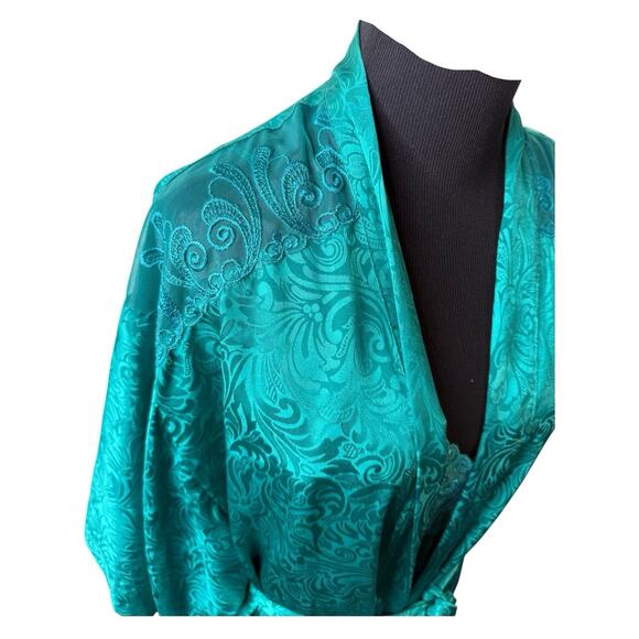 Vtg Val-Mode Peignoir Night-slip & Robe Set Sz M Green Satin Lace Lingerie USA - Picture 1 of 15